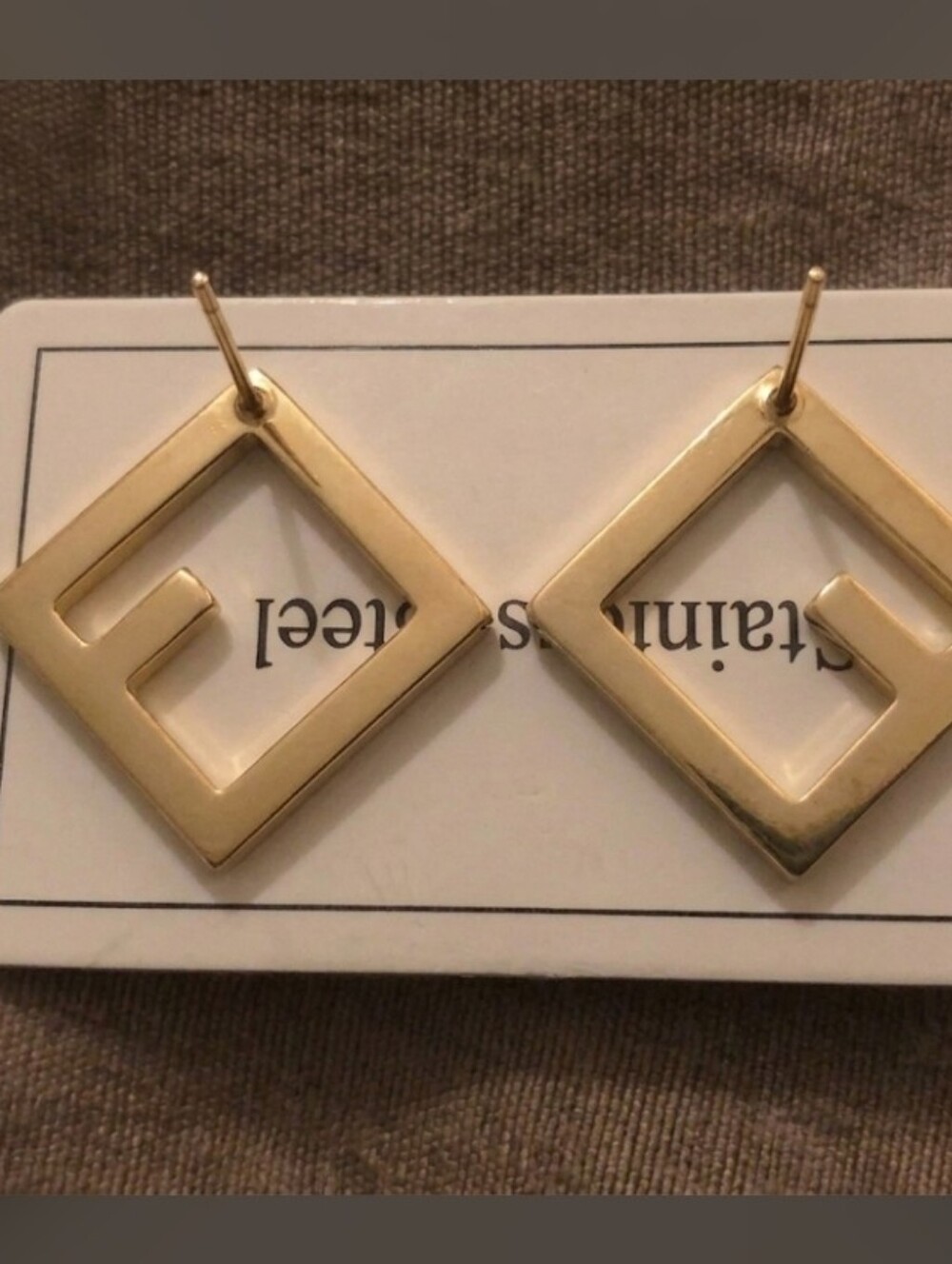 Gold Tone Crystal Square Logo Drop Earrings-NWT! - Picture 3 of 3